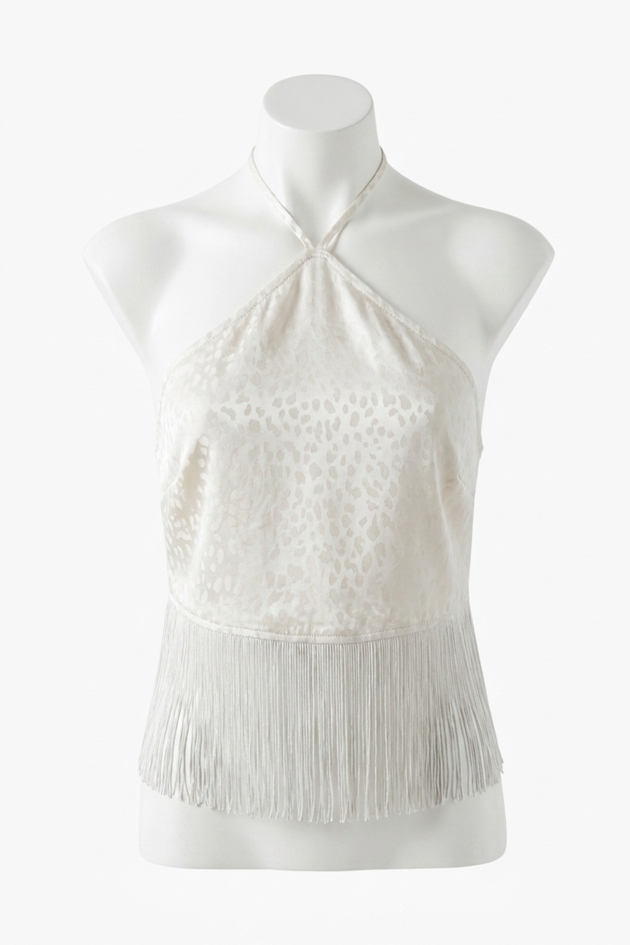 NEW DRESS FORUM animal print halter fringe top in white